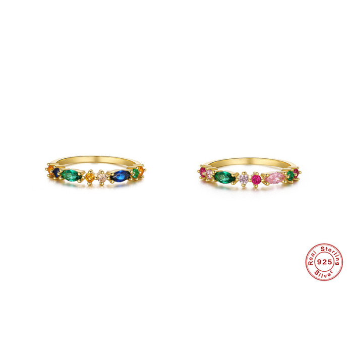 S925 Sterling Silver Creative Colorful Marquise Zircon Ring Wedding Ring Korean Style Stone-Inlaid High-end Summer...