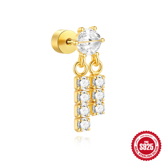 S925 Sterling Silver Opal Tassel Heart Cylinder Flat Head Threaded Piercing Ear Bone Stud with Diamond Inlay Elegant Personality Ear Jewelry