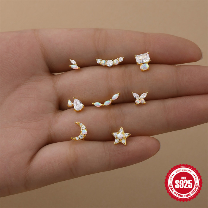 S925 Sterling Silver Moon Heart Opal Cylinder Threaded Piercing Ear Bone Stud European and American Hot Selling Elegant Diamond-Encrusted Ear Jewelry