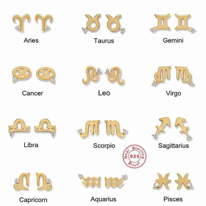 S925 Sterling Silver Minimalist Smooth Surface Zodiac Sign Personalized Stone Stud Earrings Hot Selling Creative Zo...