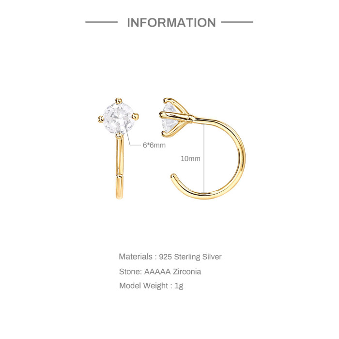 S925 Sterling Silver Four-Prong Diamond-Studded Ear Hook Hoop Earrings Piercing Earrings European and American Hot Selling INS Creative C-Shaped Earrings for Women