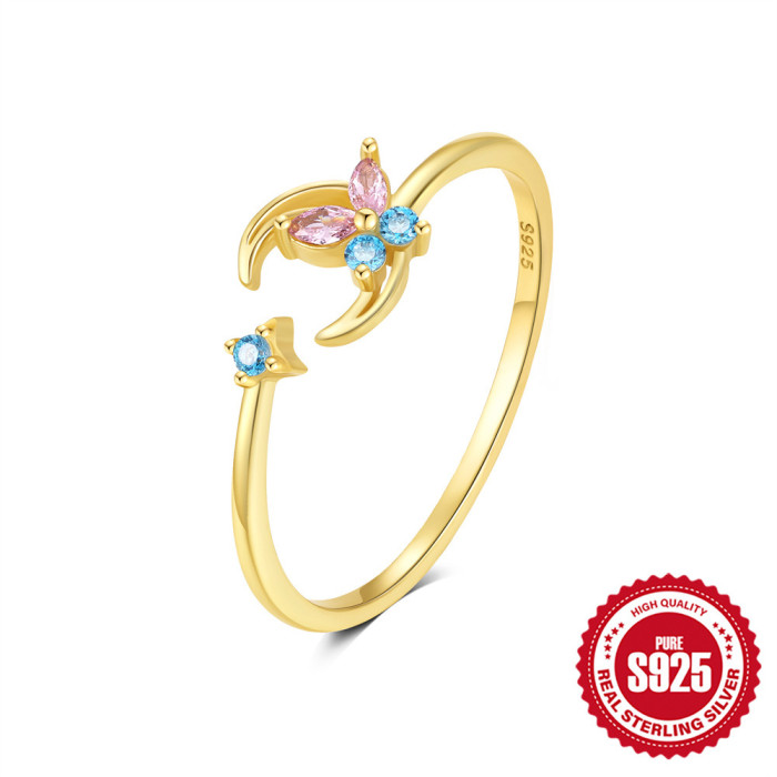 New S925 Sterling Silver Bowknot Moon Colorful Diamond Open Ring European and American Hot-Selling High-End Opal Index Finger Ring