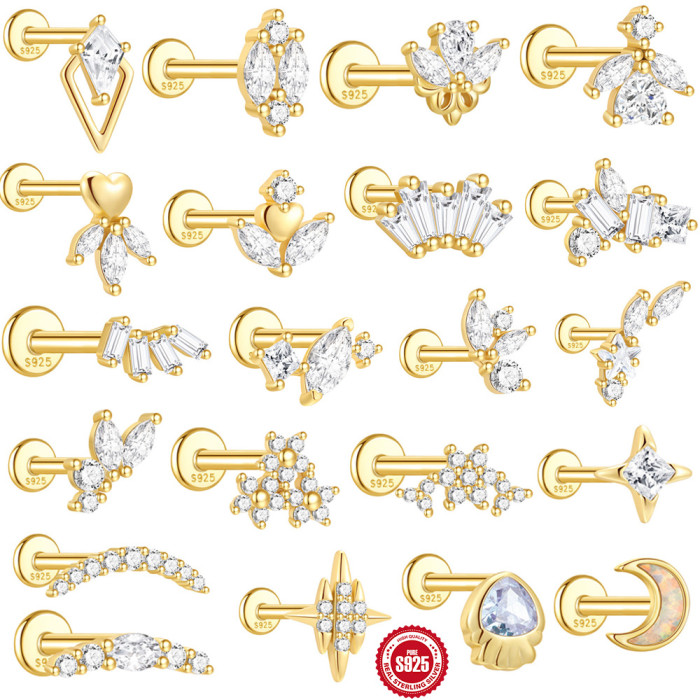 S925 Sterling Silver Heart Geometric Zircon Inlaid Diamond Flat Head Threaded Piercing Ear Bone Stud AliExpress Hot Selling Classic Earrings