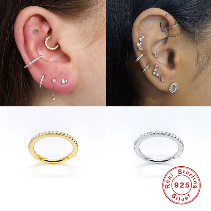 S925 Sterling Silver Single Piercing Stud Micro Pave Diamond Nose Ring Cartilage Earrings European and American Personality Fashion Trend Ear Bone Stud