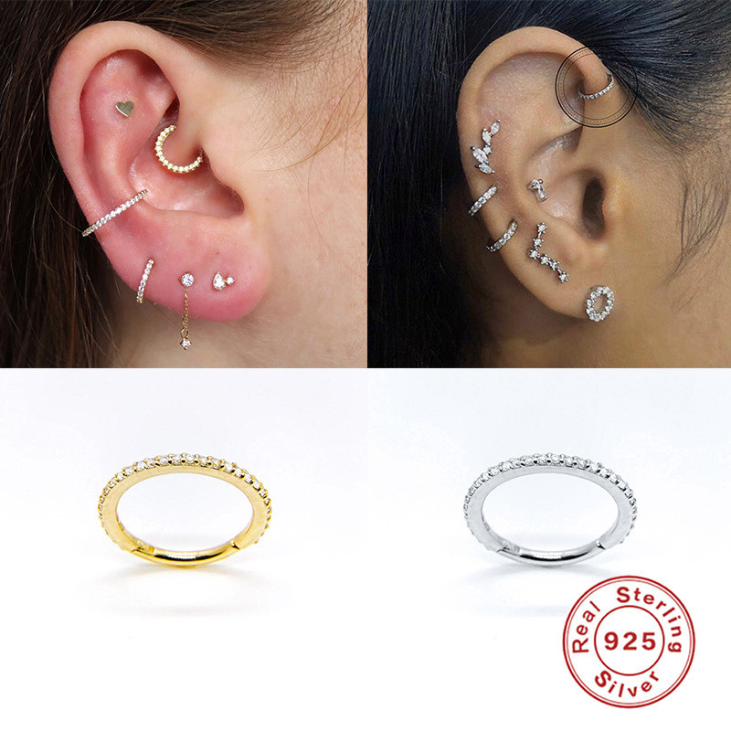 S925 Sterling Silver Single Piercing Stud Micro Pave Diamond Nose Ring Cartilage Earrings European and American Personality Fashion Trend Ear Bone Stud