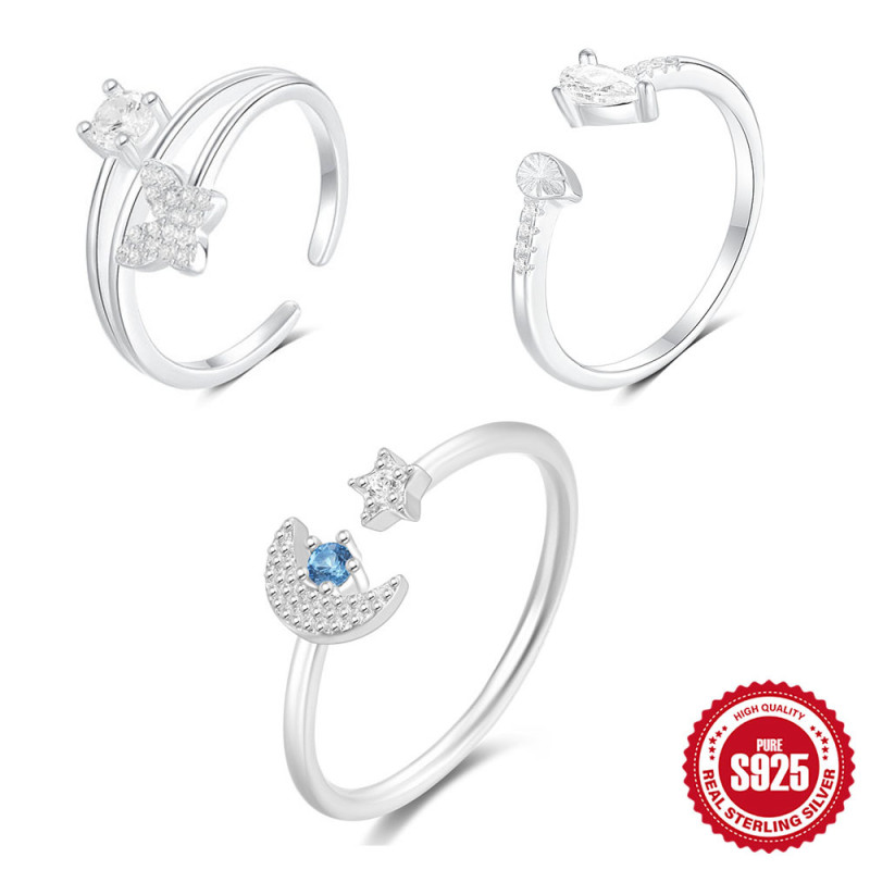 S925 Sterling Silver Moon Double Layer Butterfly Horse Eye Inlaid Diamond Star Open Ring Korean and Japanese Niche Design Index Finger Ring