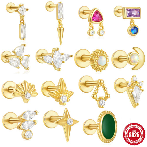 S925 Sterling Silver Flat Thread Piercing Chain Earrings European and American Hot Selling Fashion Inlaid Diamond Opal Ear Bone Stud Earrings for Women