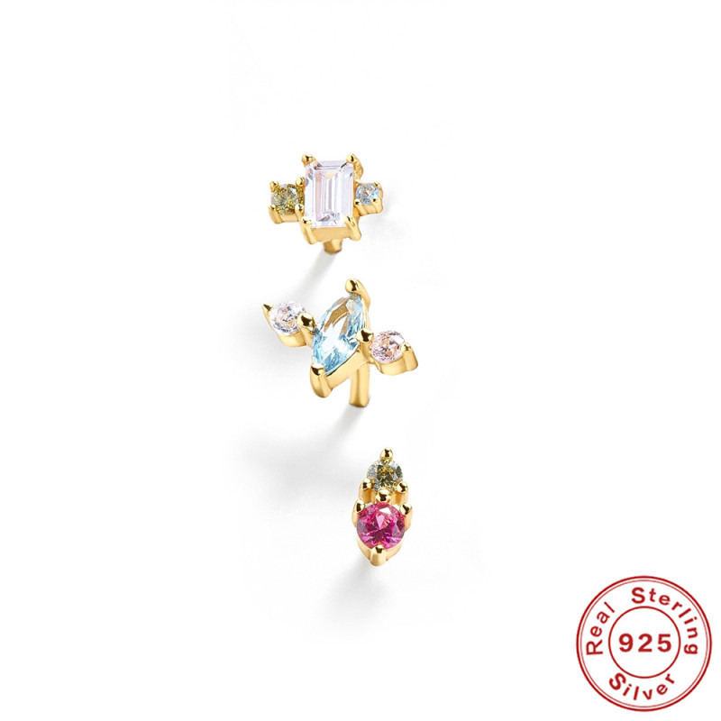 New S925 Sterling Silver Geometric Diamond Stud Earrings Set European and American Cross-Border Bestselling INS Colorful Earrings Accessories