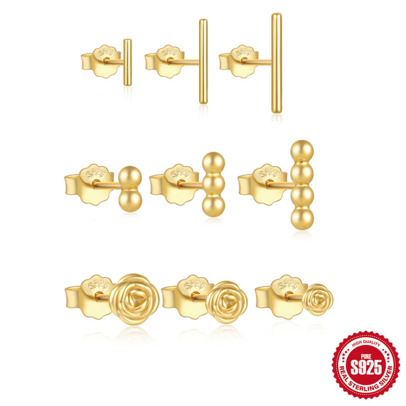 S925 Sterling Silver Multi-size Geometric Round Beads Cylinder Flower Stud Earrings Earrings Set Aliexpress Hot Selling Temperament Earrings
