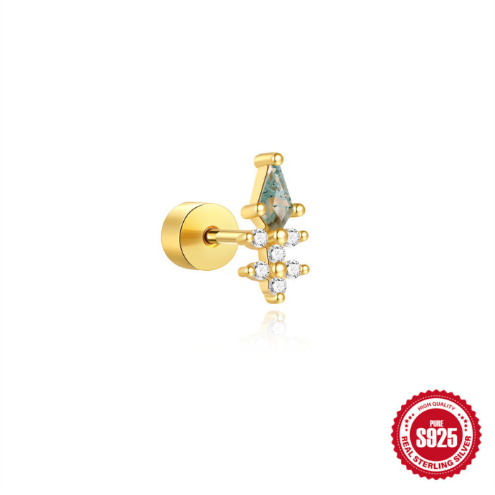 S925 Sterling Silver Opal Tassel Heart Cylinder Flat Head Threaded Piercing Ear Bone Stud with Diamond Inlay Elegant Personality Ear Jewelry