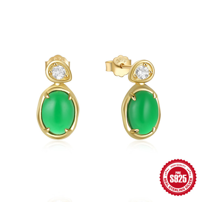 New 925 Sterling Silver Classic Luxurious Stone-Studded Green Gemstone Earrings Hot-Selling Elegant Niche Earrings...