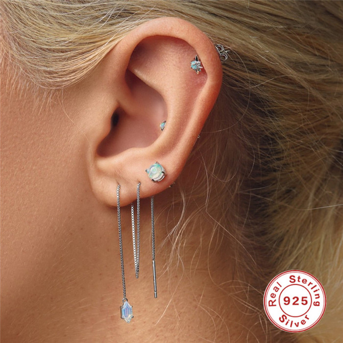S925 Sterling Silver Octagonal Inlaid Diamond Opal Earrings Korean and Japanese Style Elegant Opal Minimalist Earrings
