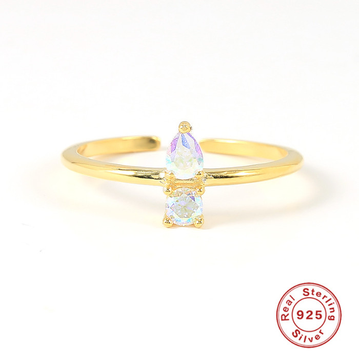 S925 Sterling Silver Geometric Moon Small Stone Sparkling Open Ring TikTok Same Style Colorful Stone Exquisite In...