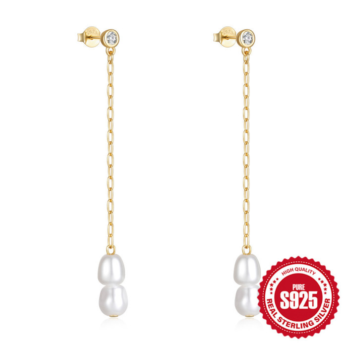S925 Sterling Silver Simple Retro Long Pearl Chain Tassel Earrings Niche Design Earrings High-end Versatile Ear Jewelry