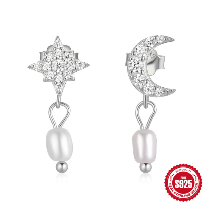 S925 Sterling Silver Earrings Personality Inlaid Diamond Pearl Studs European and American Fashion Simple Ins Star Moon Drop Earrings Ear Clips
