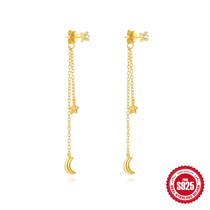 S925 Sterling Silver Five-Pointed Star Moon Tassel Earrings Korean Style Niche Elegant Classic Diamond-Studded Ear Jewelry