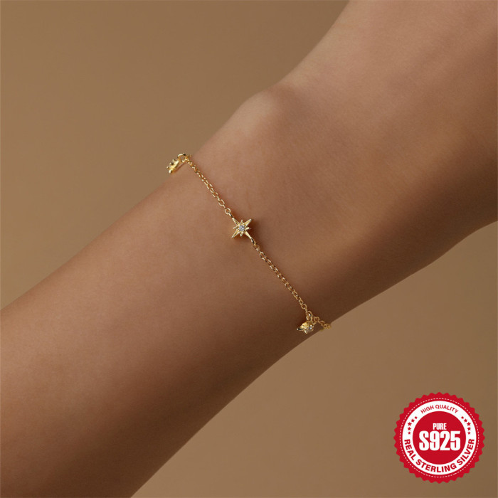 S925 Sterling Silver Classic Versatile Geometric Eight-Pointed Star Inlaid Fashion Bracelet Korean Version Niche Desi...
