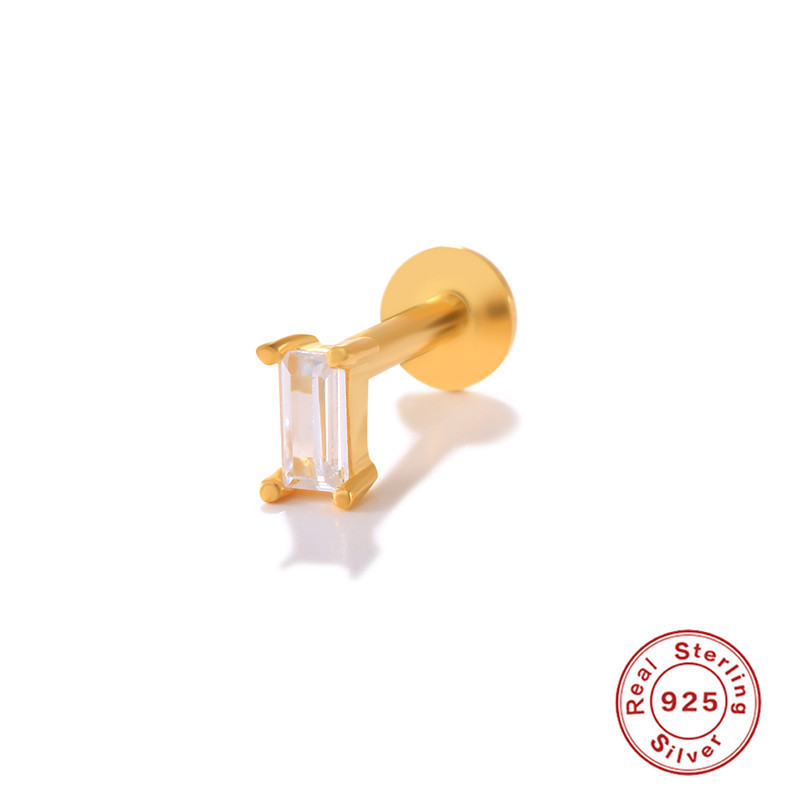 S925 Sterling Silver Square Diamond-Studded Threaded Piercing Cartilage Earrings Korean and Japanese Style Personality Trendy Simple INS Style Ear Bone Studs
