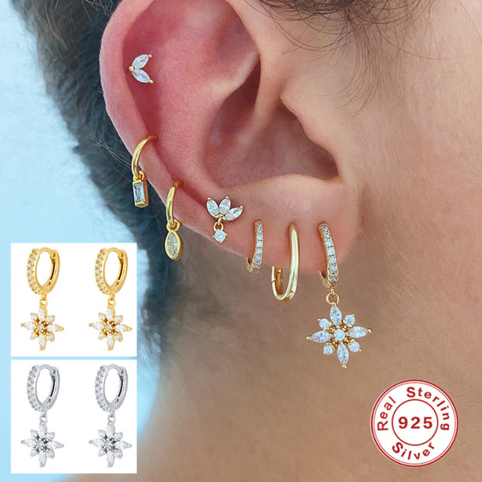 S925 Sterling Silver Inlaid Diamond Snowflake Pendant Hoop Earrings European and American Hot-Selling French Style Earrings for Office Workers Matching Accessories