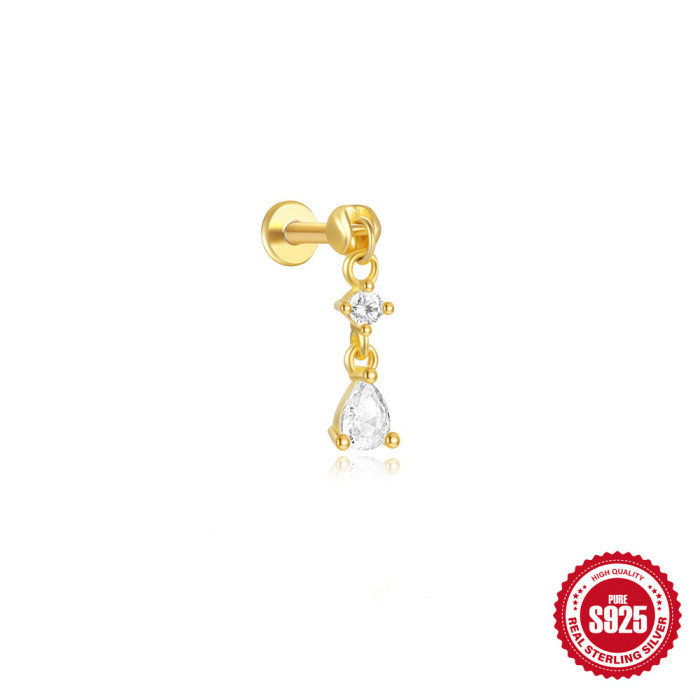 S925 Sterling Silver Diamond-Studded Flat Bottom Piercing Threaded Ear Bone Stud European and American Style Row Diamond Cone Crown Pendant Water Drop Earrings Jewelry