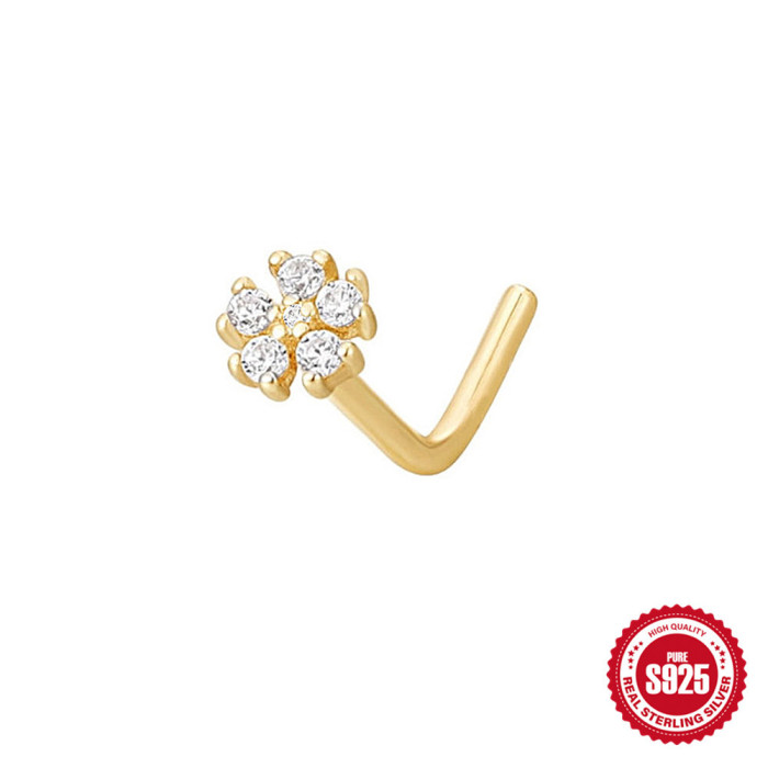 S925 Sterling Silver Nose Stud L Rod Inlaid Zircon Flower Nose Stud Amazon Hot Sale Personalized Nose Jewelry Body Piercing Accessories