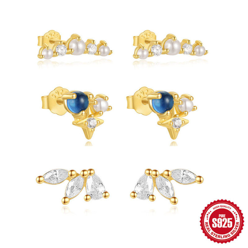 S925 Sterling Silver Geometric Horse Eye Water Drop Zircon Pearl Stacked Earrings European and American Hot Selling Elegant Versatile Ear Jewelry