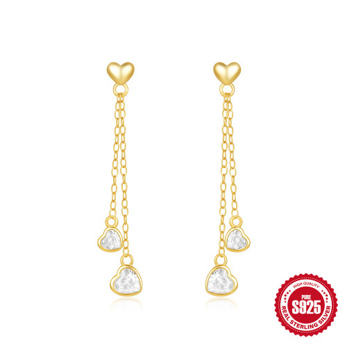 New S925 Sterling Silver Smooth Heart Tassel Earrings with Heart Zircon Studs, Popular in Europe and America, Elegant Earrings