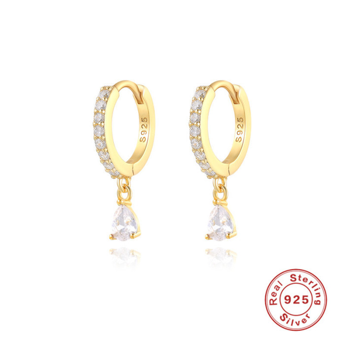 S925 Sterling Silver Diamond-Studded Water Drop Hoop Earrings Cross-Border Bestseller INS Color Diamond Ear Clips Ear Pendants Ear Jewelry Ins Style Hot Item