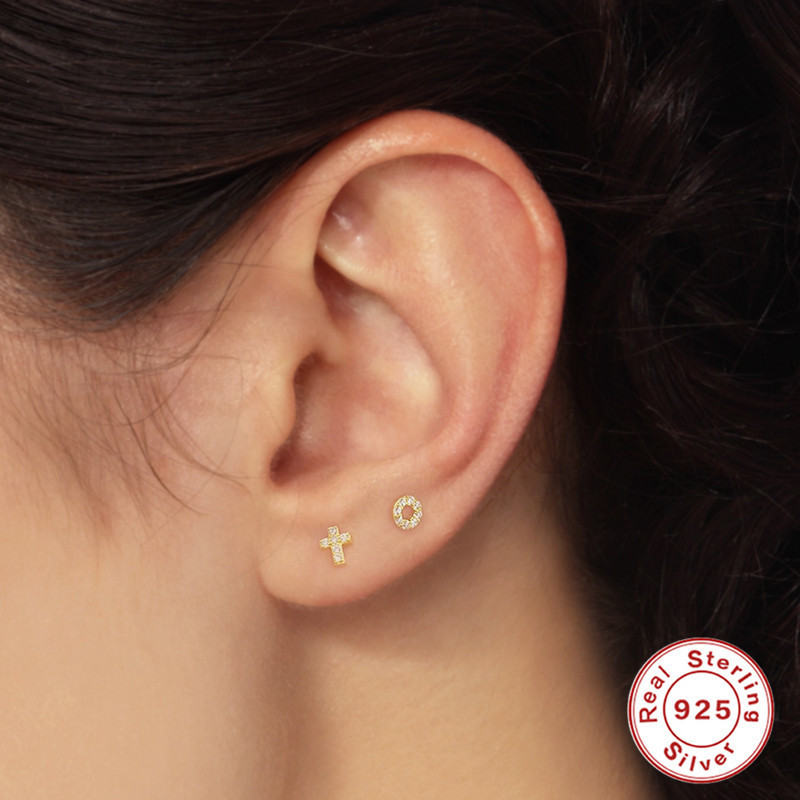 S925 Sterling Silver Geometric Cross O-Shaped Diamond-Studded Screw Thread Pendant Earrings Stud Earrings European and American INS Style Ear Bone Studs