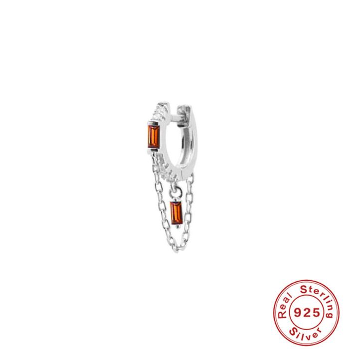 S925 Sterling Silver Geometric Tassel Chain Square Zircon Pendant Earrings Hoop Earrings European and American New Style Elegant Earrings for Women