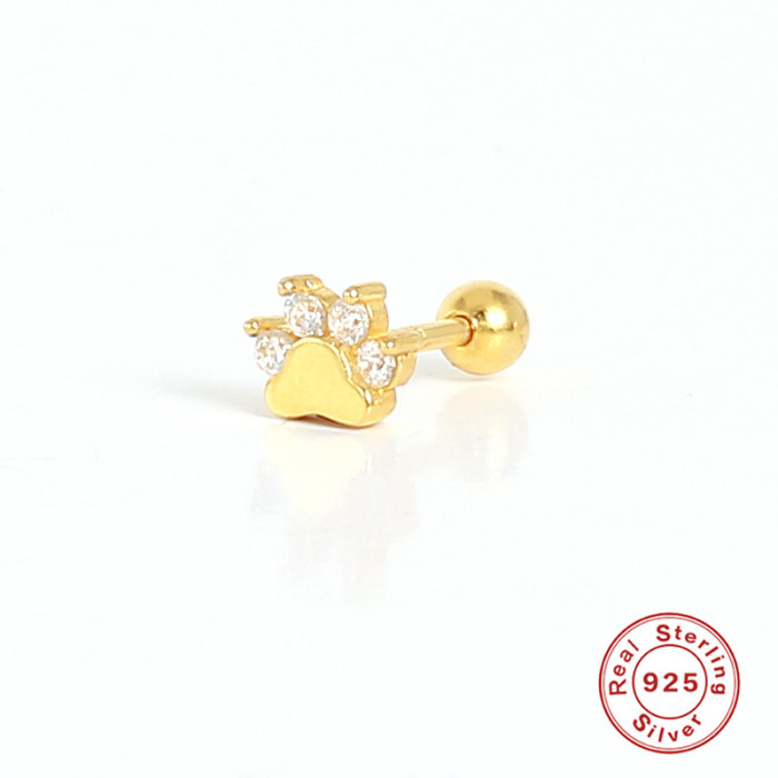 S925 Sterling Silver Dog Paw Diamond-Studded Piercing Single Earring European and American Fashion Personality Creative Footprint Earring