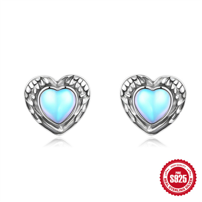 S925 Sterling Silver Heart Five-Pointed Star Butterfly Inlaid Diamond Moonstone Earrings European and American Fashion Retro Footprint Ear Jewelry