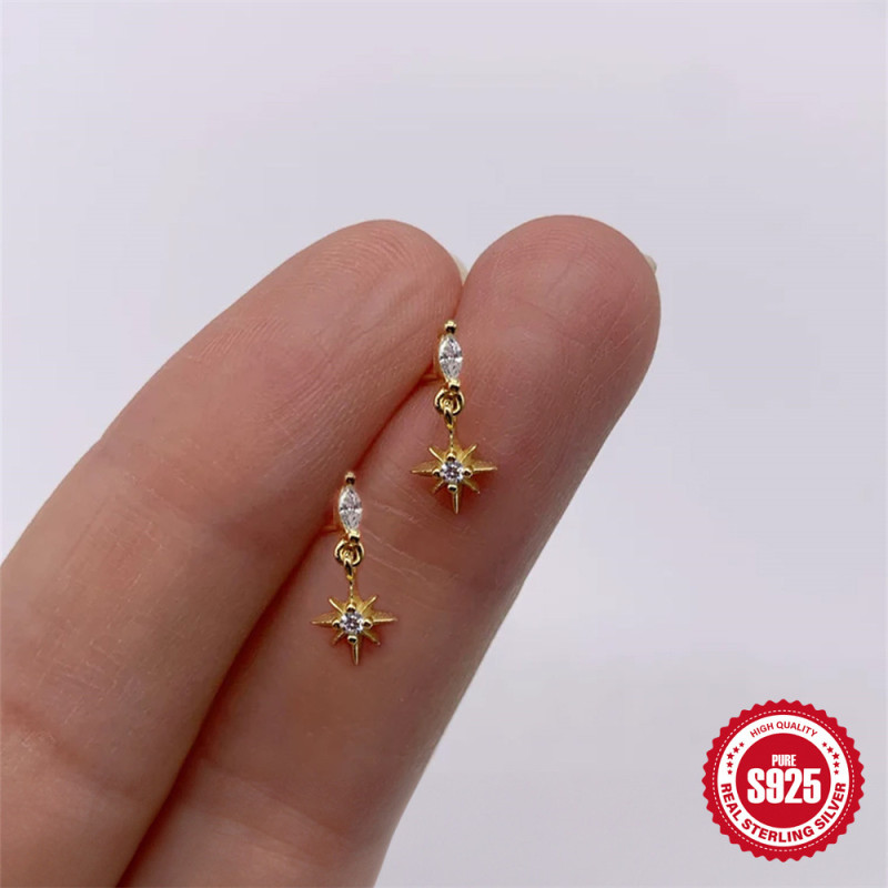 S925 Sterling Silver Horse Eye Inlaid Diamond Eight-Pointed Star Earrings Korean Version Niche Design Fresh Simple Earrings Jewelry