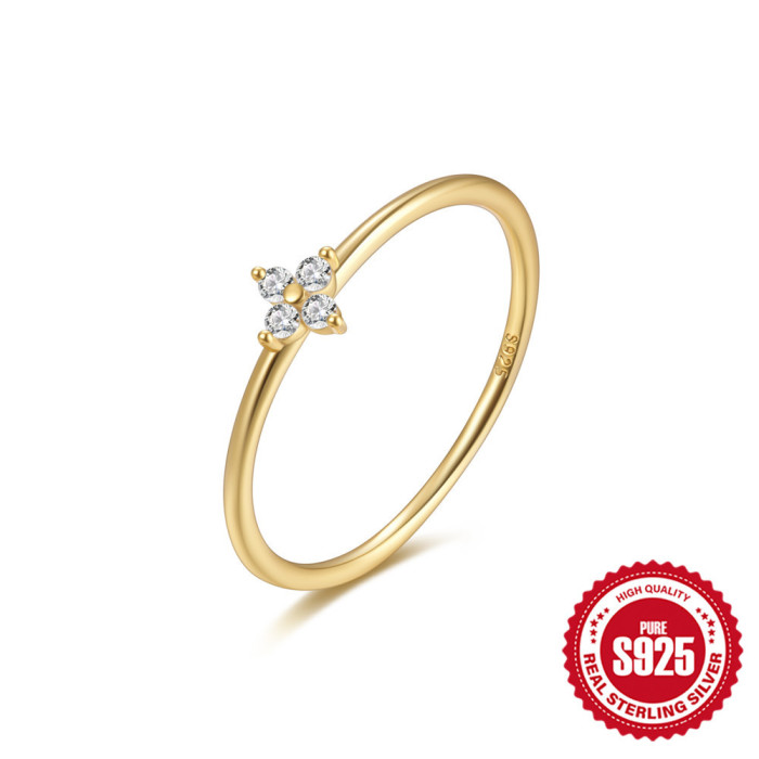 S925 Sterling Silver Crystal Flower Thin Ring Versatile Index Finger Ring Xiaohongshu Same Style INS Minimalist Ring