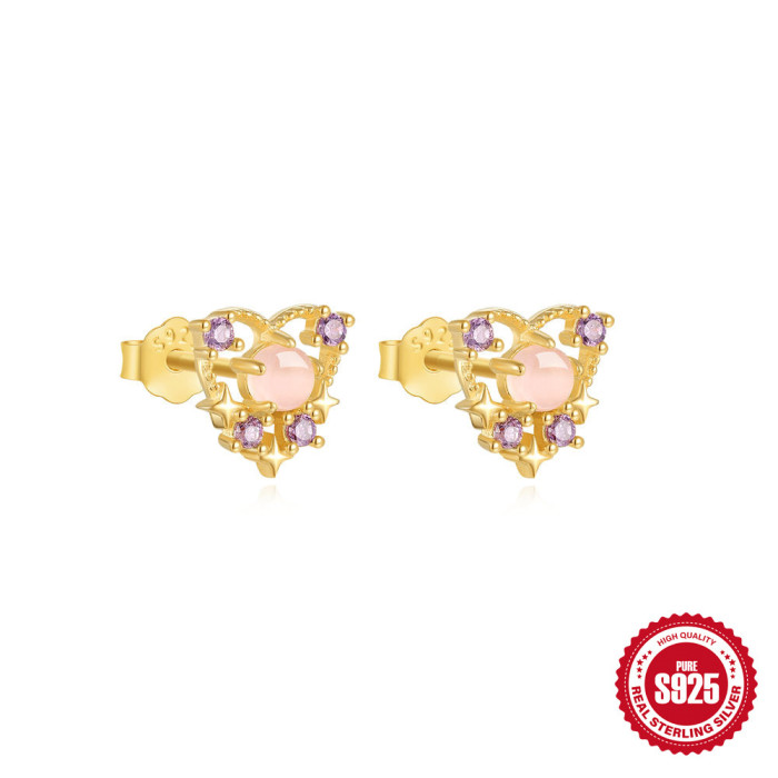 S925 Sterling Silver Eight-Pointed Star Opal Inlaid Diamond Stud Earrings for Women Heart-shaped Light Luxury Niche A...