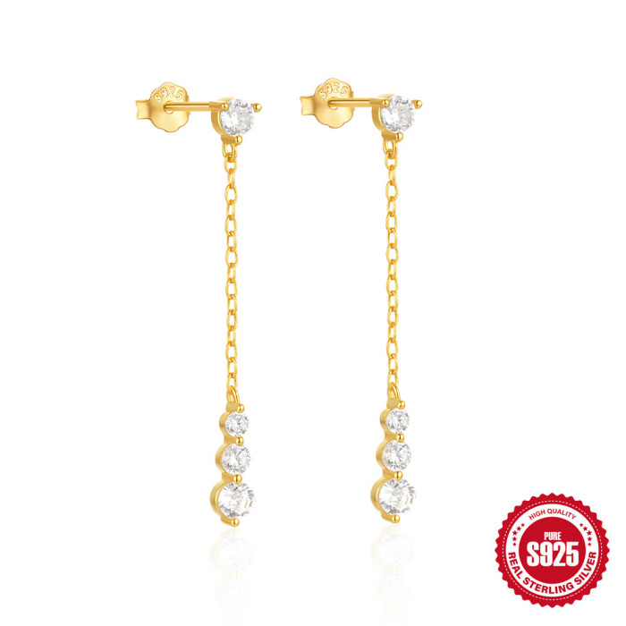 S925 Sterling Silver Fashion Star Moon Chain Earrings European and American Hot Selling Tassel Inlaid Diamond Eight-Pointed Star Stud Earrings for Women