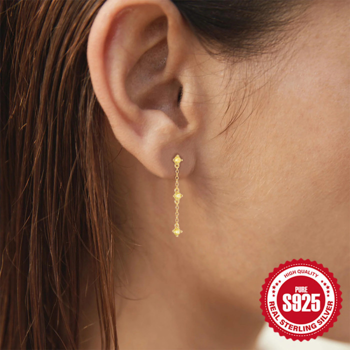 S925 Sterling Silver Stone-Inlaid Sparkling Long Tassel Earrings Stud Earrings Minimalist Style Versatile Elegant E...