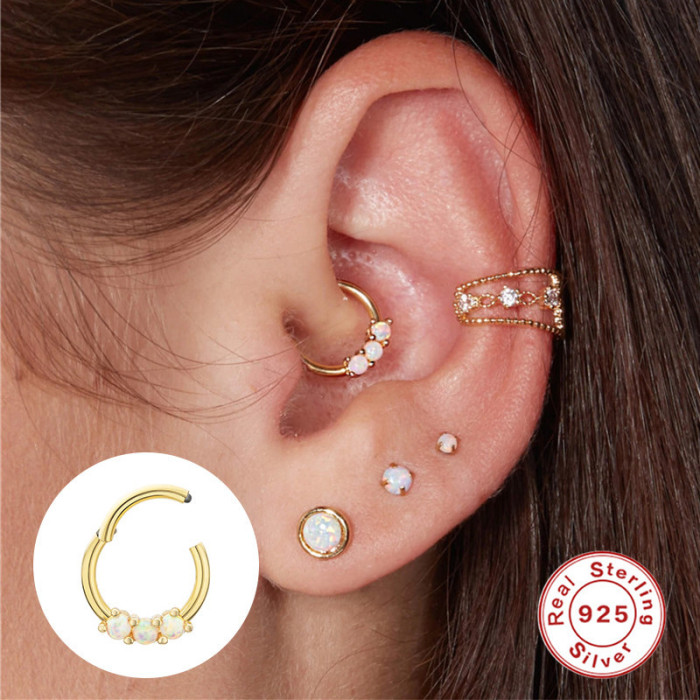 S925 Sterling Silver Triple Opal Inlaid Diamond Cartilage Piercing Jewelry Internet Celebrity Street Style Ear Hoop for Women INS Ear Cuff Ear Hoop