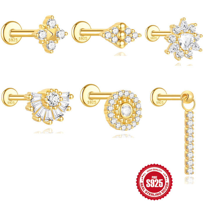 S925 Sterling Silver Ultra Shiny Diamond-Studded Exquisite Petite Flat Head Threaded Piercing Ear Bone Stud European and American Cross-Border Hot-Selling Ear Jewelry