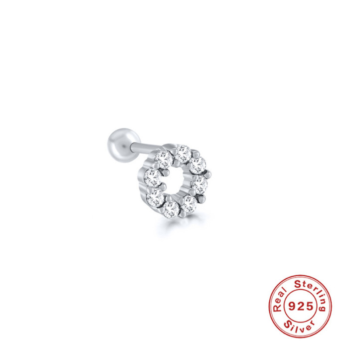 S925 Sterling Silver Single Ear Bone Stud Earrings European and American Hot Selling Micro Inlaid O-shaped Round Threaded Ear Piercing Earrings