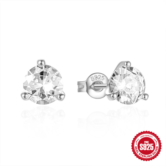 S925 Sterling Silver Three-Claw Diamond Single Zircon Stud Earrings Internet Celebrity Xiaohongshu Hot-Selling Basic Wearable Earrings