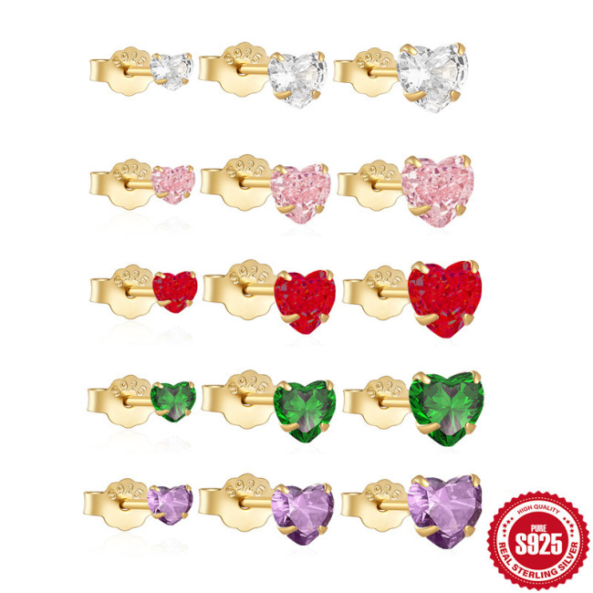 925 Sterling Silver Classic Versatile Heart-Shaped Diamond-Studded Women's Earrings Set of Three Cross-Border Hot-Selling Accessories