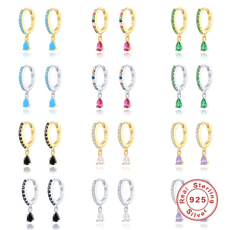 S925 Sterling Silver Diamond-Studded Water Drop Hoop Earrings Cross-Border Bestseller INS Color Diamond Ear Clips Ear Pendants Ear Jewelry Ins Style Hot Item