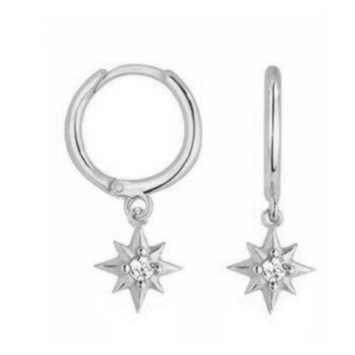 S925 Sterling Silver Octagonal Star Earrings INS Star Inlaid with Diamonds Small Sun Hoop Earrings European and American Hot Selling INS Earrings for Women