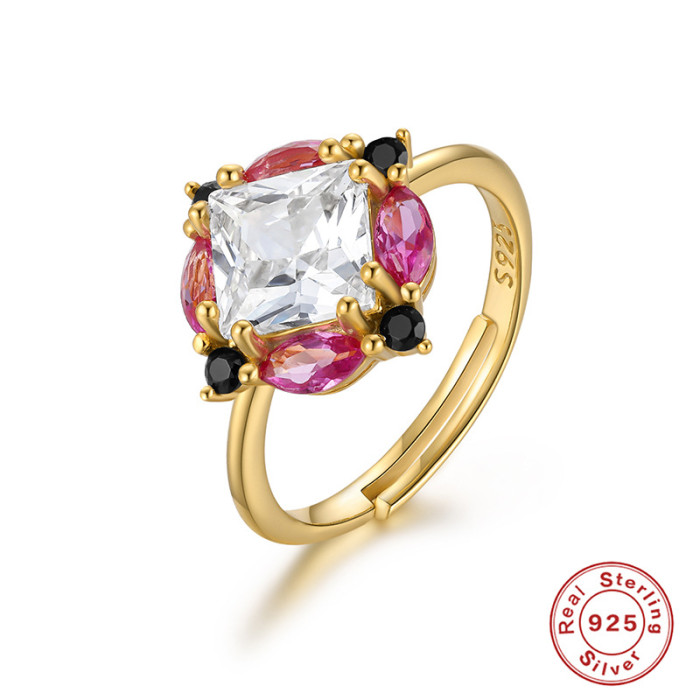 S925 Sterling Silver Luxurious Egg-Shaped Gemstone Engagement Ring French Style Geometric Square Stone-Inlaid Adjus...