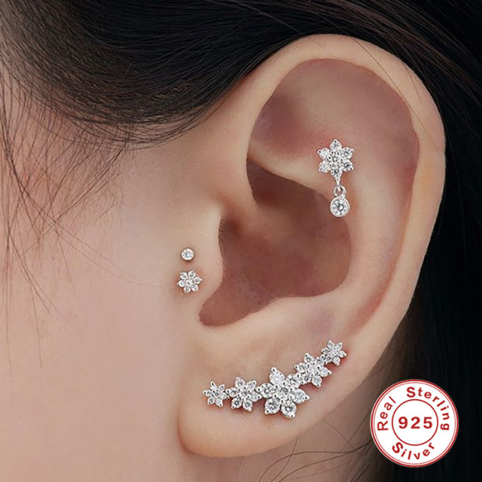 S925 Sterling Silver Three Flower Opal Inlaid Diamond Threaded Flat Head Piercing Stud Earrings Ear Cartilage European American Creative INS Ear Bone Stud