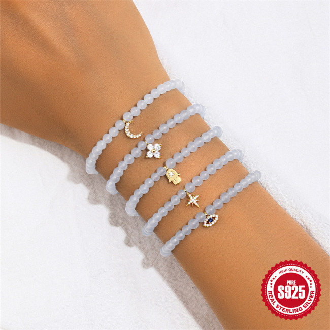 New 925 Sterling Silver Aquamarine Chalcedony Handmade Beaded Bracelet European and American French Style Inlaid with Diamonds DIY Accessories Christmas Jewelry