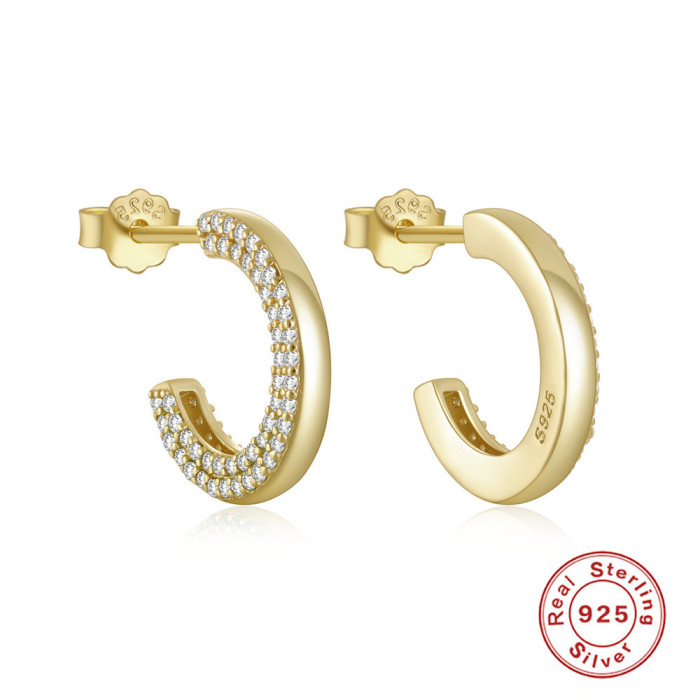 S925 Sterling Silver Single Side Luxurious Full Diamond C-Shaped Hoop Earrings Stud Earrings Amazon Hot Selling Elegant INS Earrings