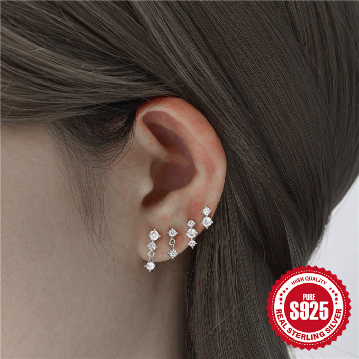 New 925 Sterling Silver Diamond-Studded Simple Daily Matching Earrings for Women, European and American Hot-Selling Elegant Versatile Four-Piece Earring Set