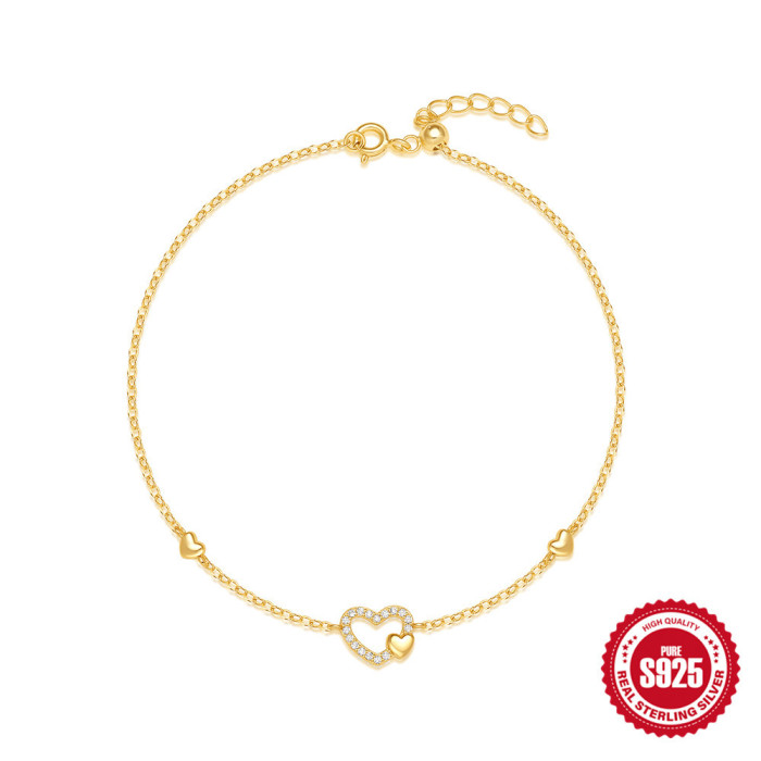 S925 Sterling Silver Hollow Heart Bracelet with Diamonds, Korean and Japanese Fashion, Versatile, Mori Style, Fresh and Trendy Jewelry